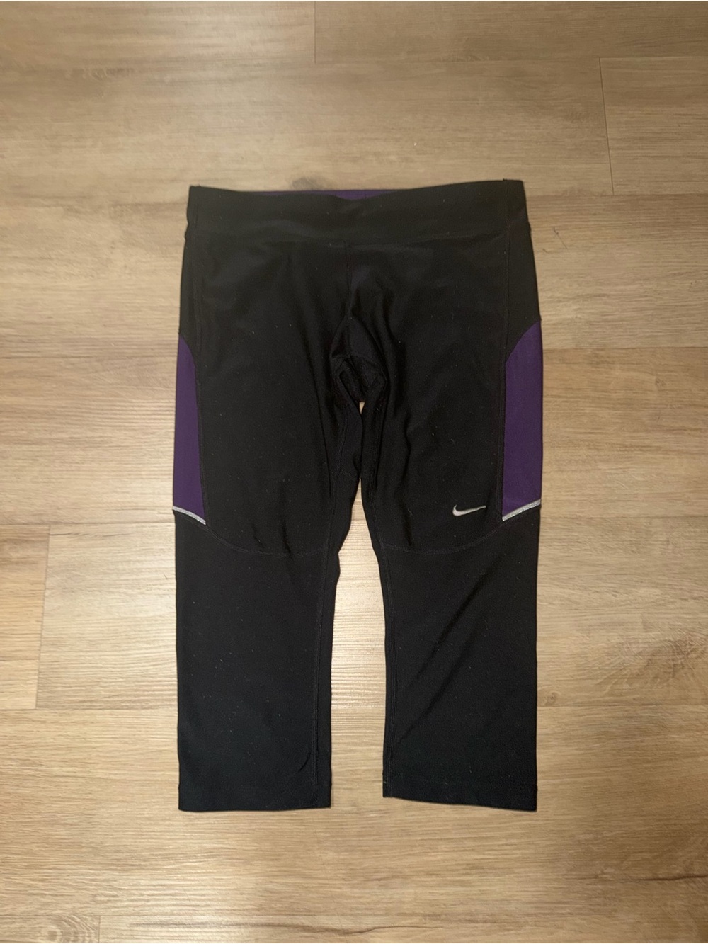 Nike Black capri Leggings with Purple Panels and Reflective Swoosh